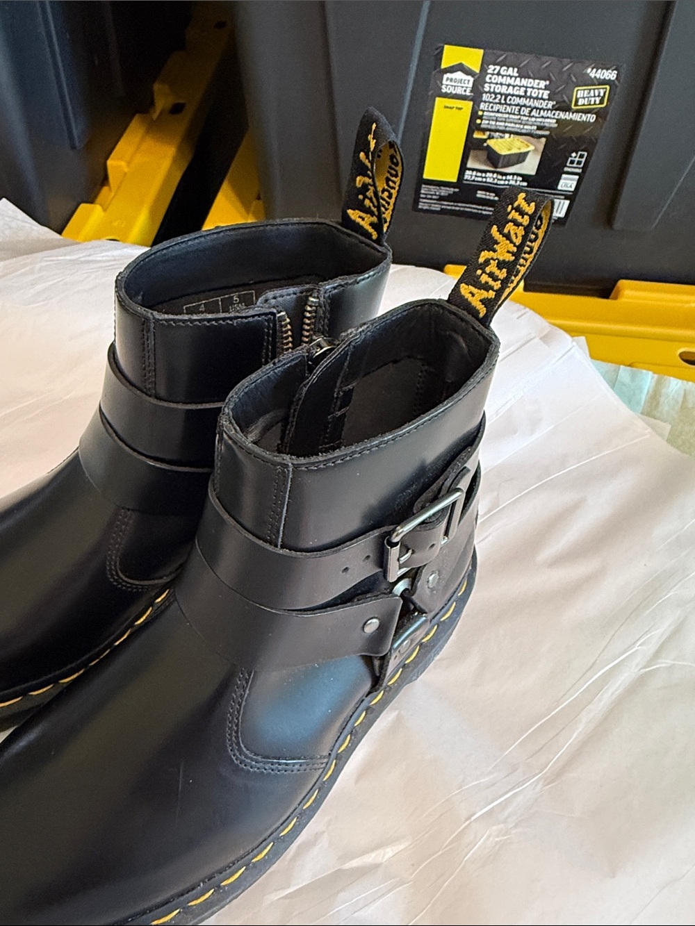 Dr -MartinsBlack Leather Buckle Ankle Boots with Yellow Stitching - Women Shoes - Picture 8 of 11
